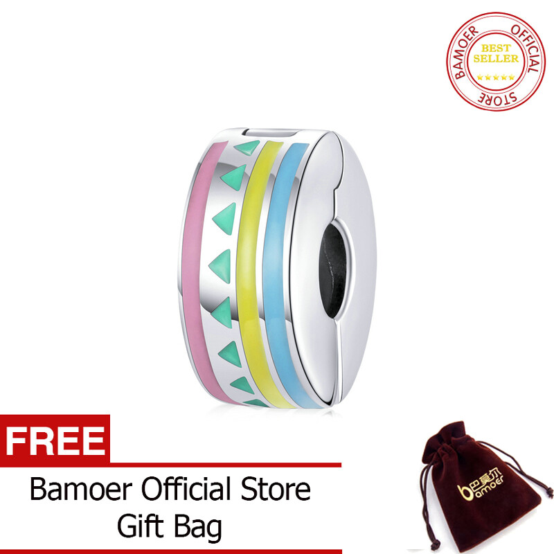 BAMOER 925 Sterling Silver Enamel Round Stopper Pendant Triangle Symbol ColorfulCharm for Bangle DIY Jewelry Handmade SCC1756