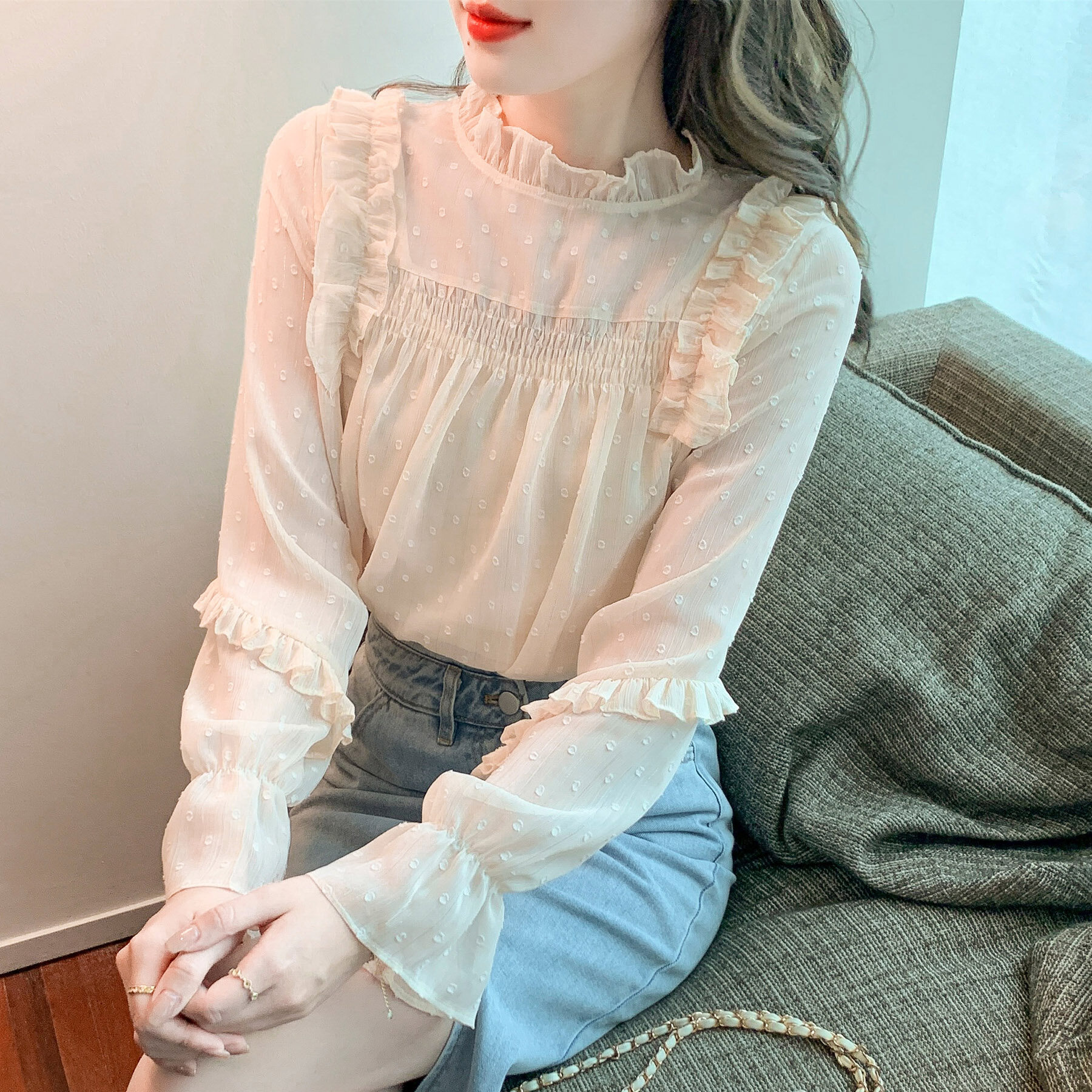REHIN Women's top new ruffle slightly transparent long-sleeved shirt new Korean version chiffon small blouse for winter clothing