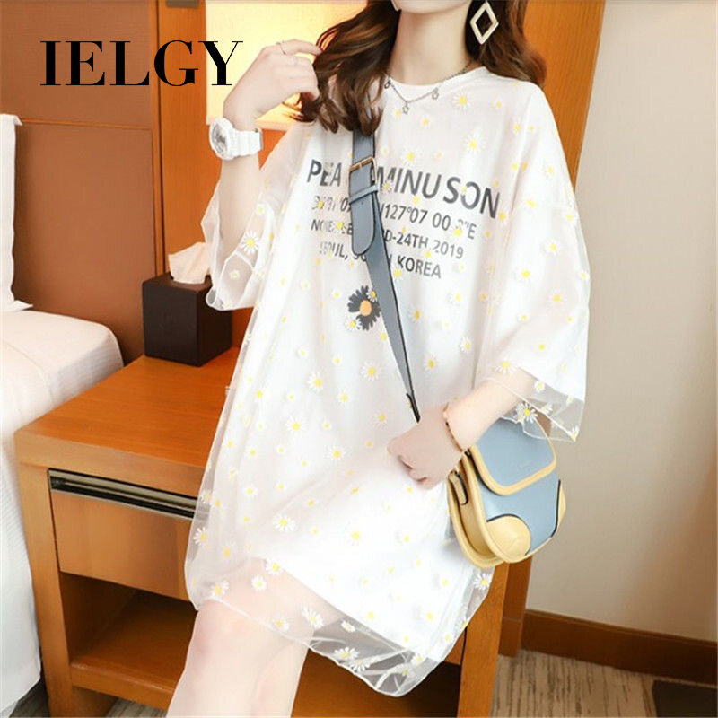IELGY mesh stitching t-shirt female short-sleeved mid-length summer coat small daisy