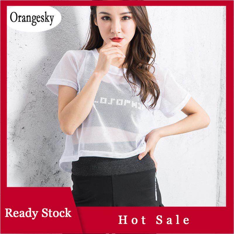 Orangesky Musim Panas Wanita Jaring Lengan Pendek Berongga Yoga T-shirt Cepat Kering Jogging Atasan Olahraga