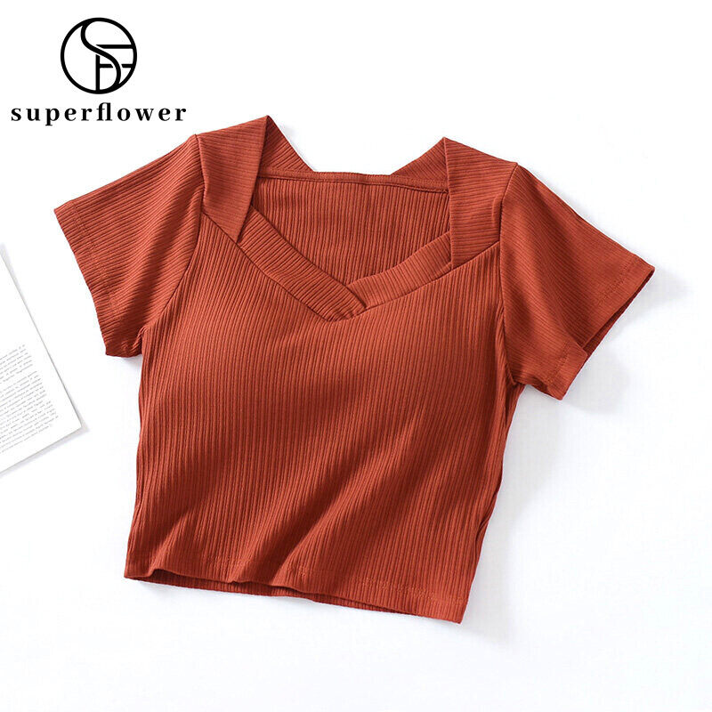 SUPERFLOWER Modische Damen-T-Shirts mit Brustpolstern, V-Ausschnitt, kurze Ärmel, atmungsaktive kurze Oberteile_voghion.com