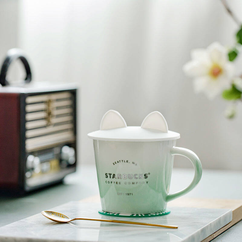 Starbuck Mug Ceramic Cup Starbuck 345ml Gradient Macaron Green Mug with Lid Spoon Tabletop Cup Water Cup Ins Wind Starbuck Coffee Mug Fox Cup