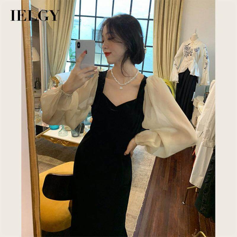 IELGY Hepburn style dress French retro temperament dress gold velvet mid-length skirt elegant
