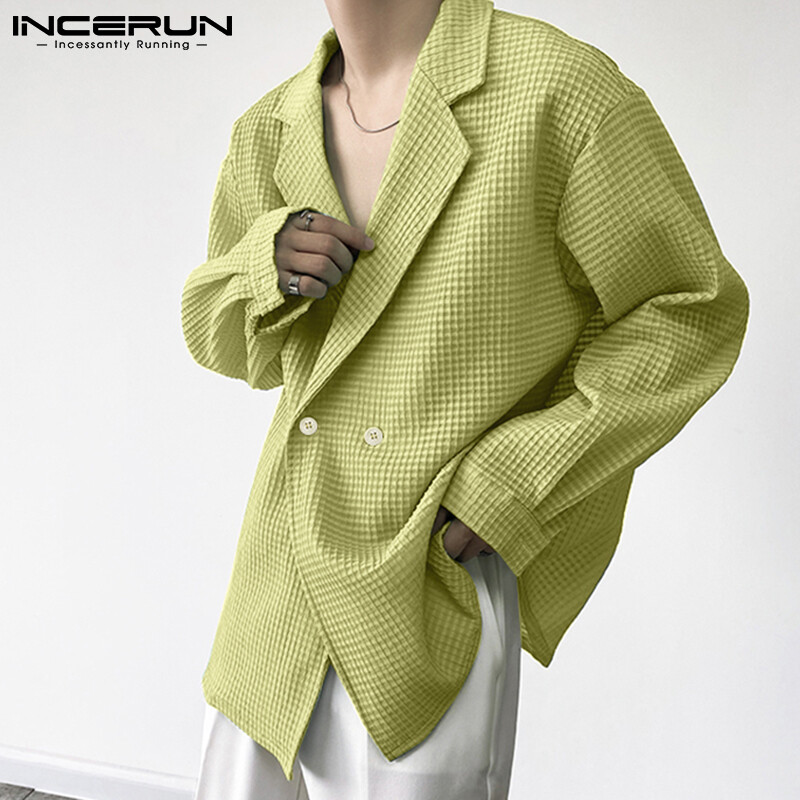 Beehoo INCERUN Mens Double Breasted Jackets Outwear Long Seeve Lapel Neck Checked Blazer Coats