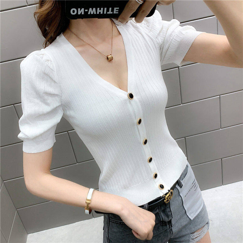 Women's 2023 summer white v-neck short fit t-shirt