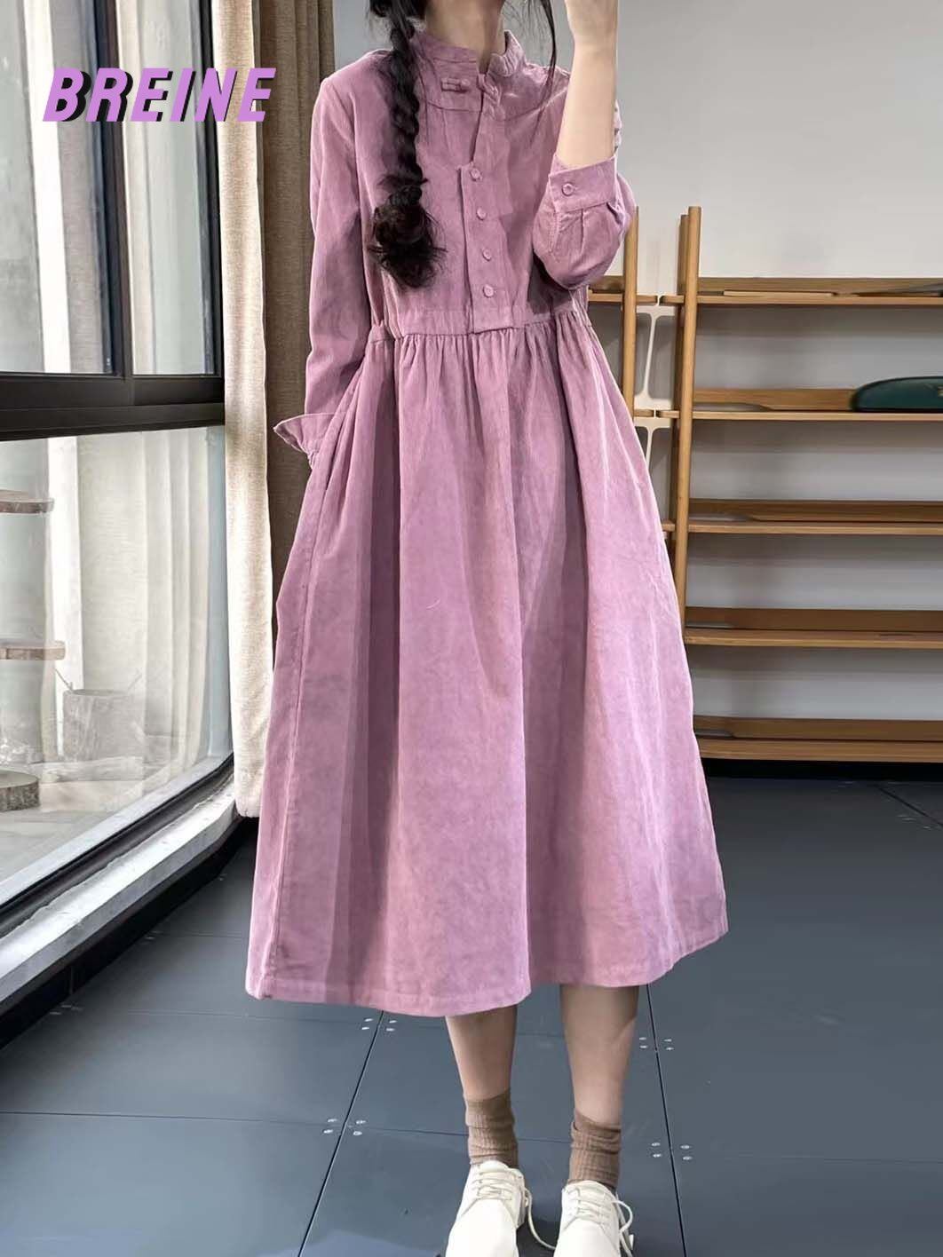 BREINE Artsy Chinese style corduroy dress with button-down collar and long sleeves 503b092
