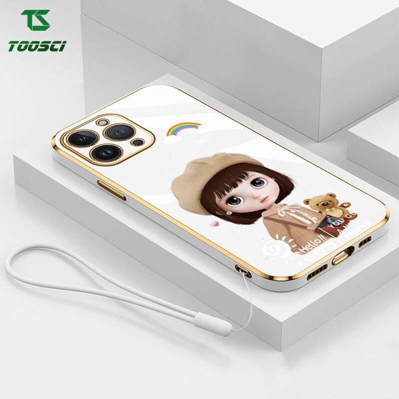Luxury cartoon cute girl rainbow plating phone case soft tpu shell back cover + lanyard for apple iphone 15 pro max 15 plus iphone 14 pro max iphone 14 plus iphone 13 pro max iphone 13 mini iphone 12 pro max iphone 12 mini iphone 11 pro max