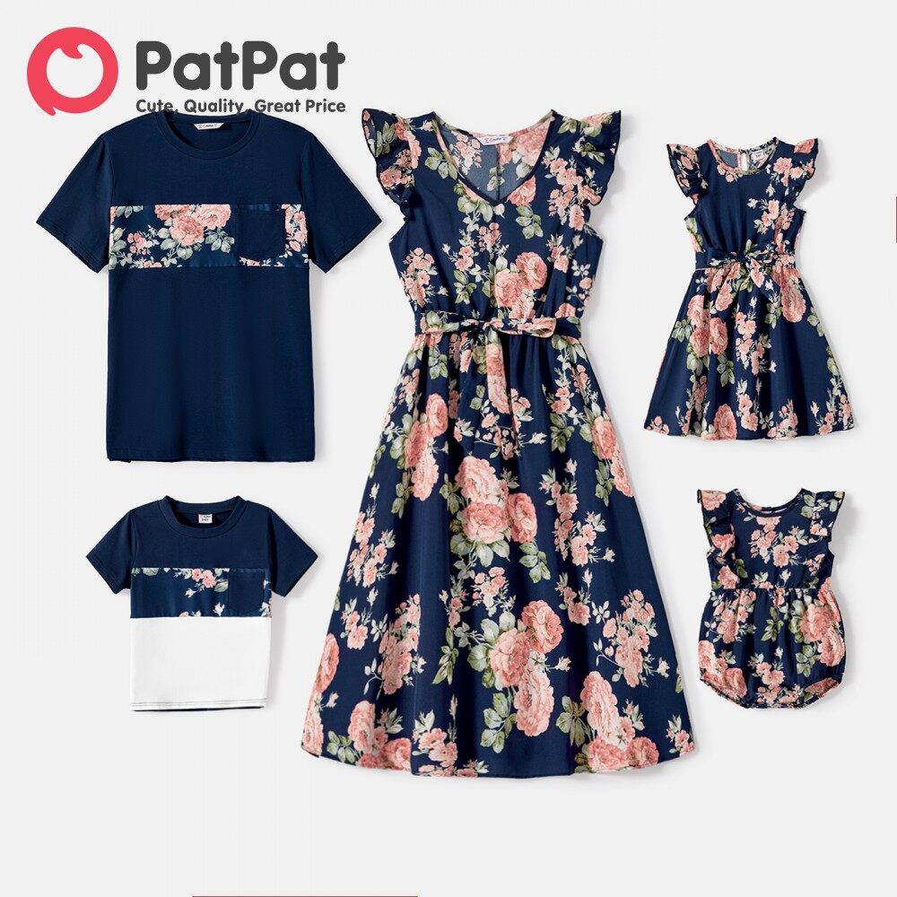 PatPat Family Matching Cotton Short-sleeve Spliced Tee and Allover Floral Print Flutter-sleeve Belted Dresses Sets
