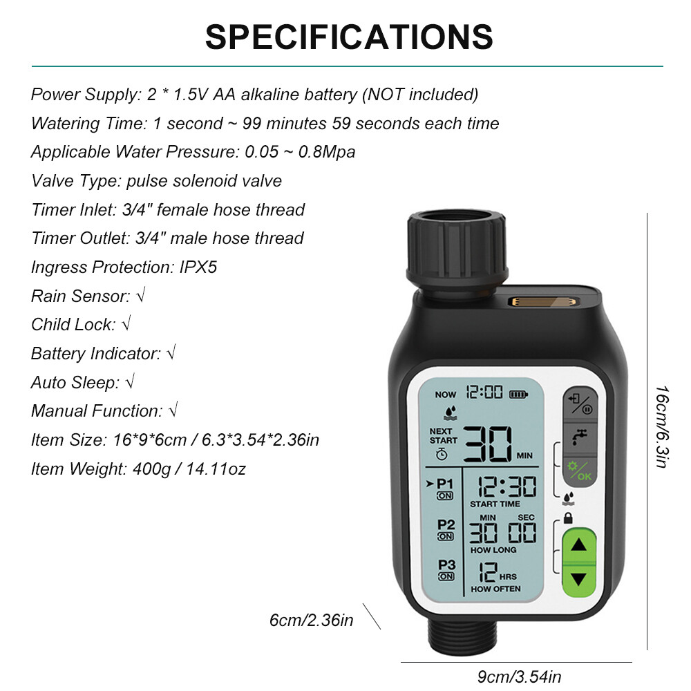 Electronic Irrigation Regulator Automatic Irrigation Timer with Large LCD Screen Waterproof Sprinkler Controller 3 Separate Timing Programs Weak Electricity Protection Rain Sensor Child Lock Outdoor Garden Watering Device Irrigation Tool
