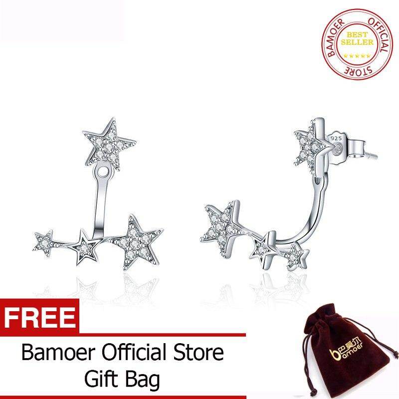 BAMOER Authentic 925 Sterling Silver Clear CZ Luminous Ear Jackets Earrings for Women Silver 925 Women Girl Gifts Jewelry SCE448 Apr