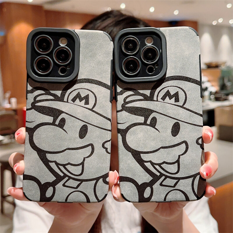 Cute grey mario mobile phone case for iphone 14 13 12 11 pro max case fashion phone case for iphone 7 8 plus casing xr xs max leather soft back case