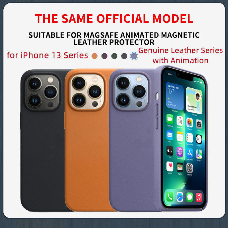 Luxury Genuine Leather Phone Case for iPhone 13 Pro Max with Magsafe/Logo Official Same Shockproof Phone Casing for iPhone 13 Pro/13 Mini/13 with Animation