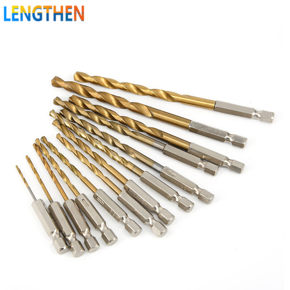 Focusai 13pcs hss high speed steel titanium coated drill bit set 1/4 hex shank 1.5mm-6.5mm hexagonal handle twist drill