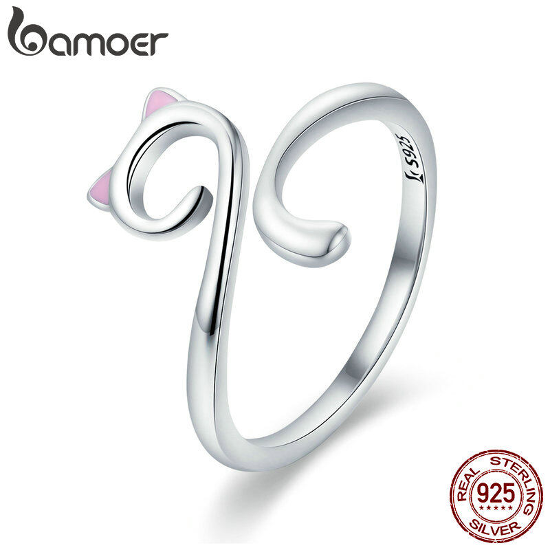 BAMOER Free Shpping Hot Sale Authentic 925 Sterling Silver Naughty Cat Nail Open Size Finger JUNE Ring for Women Party Ring Jewelry SCR341