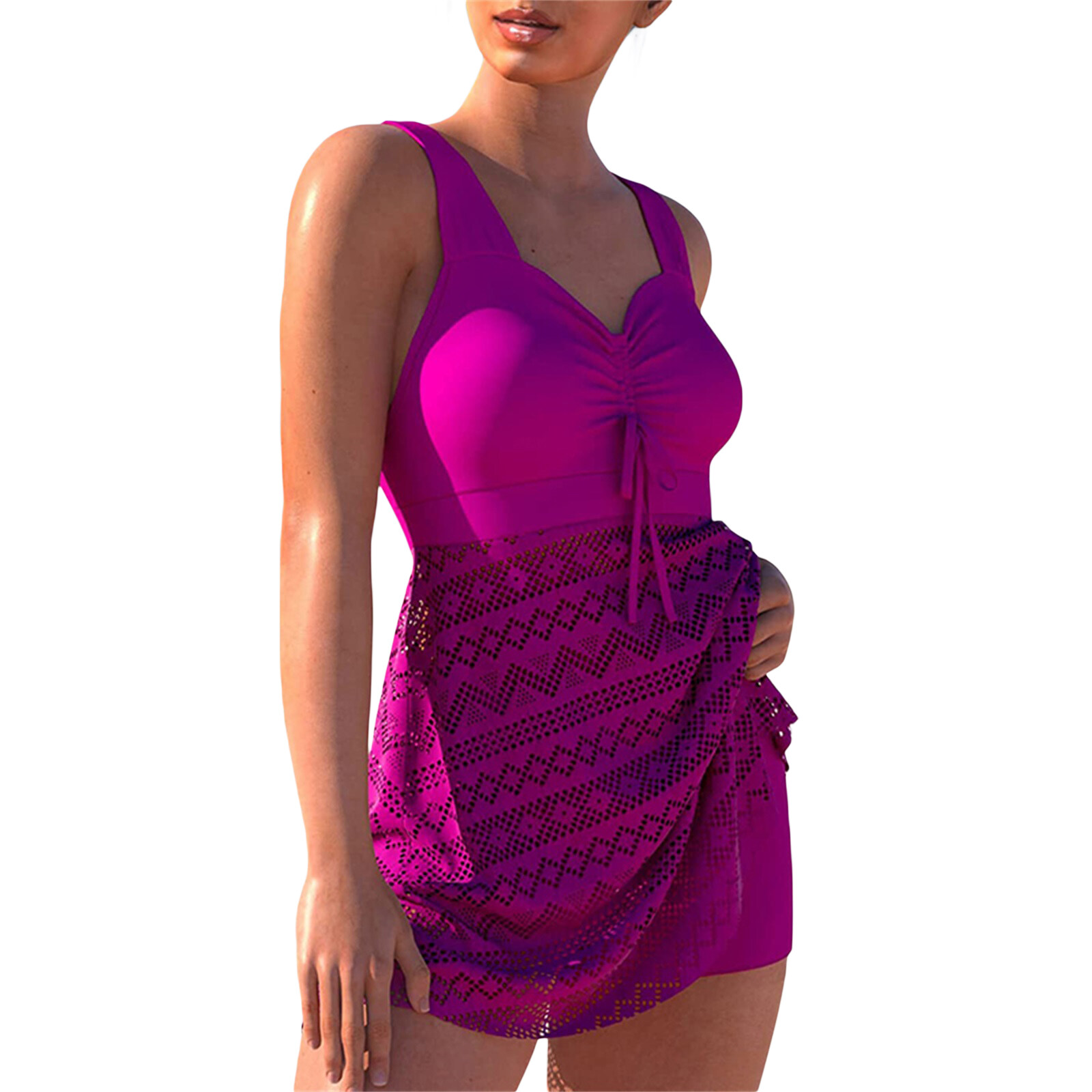 Happybuyner Kadın 2 adet Mayo Seti Düz Renk Tığ Işi Dantel Kesme Kolsuz Şınav Üstleri ve Bikini Alt Mayo_voghion.com