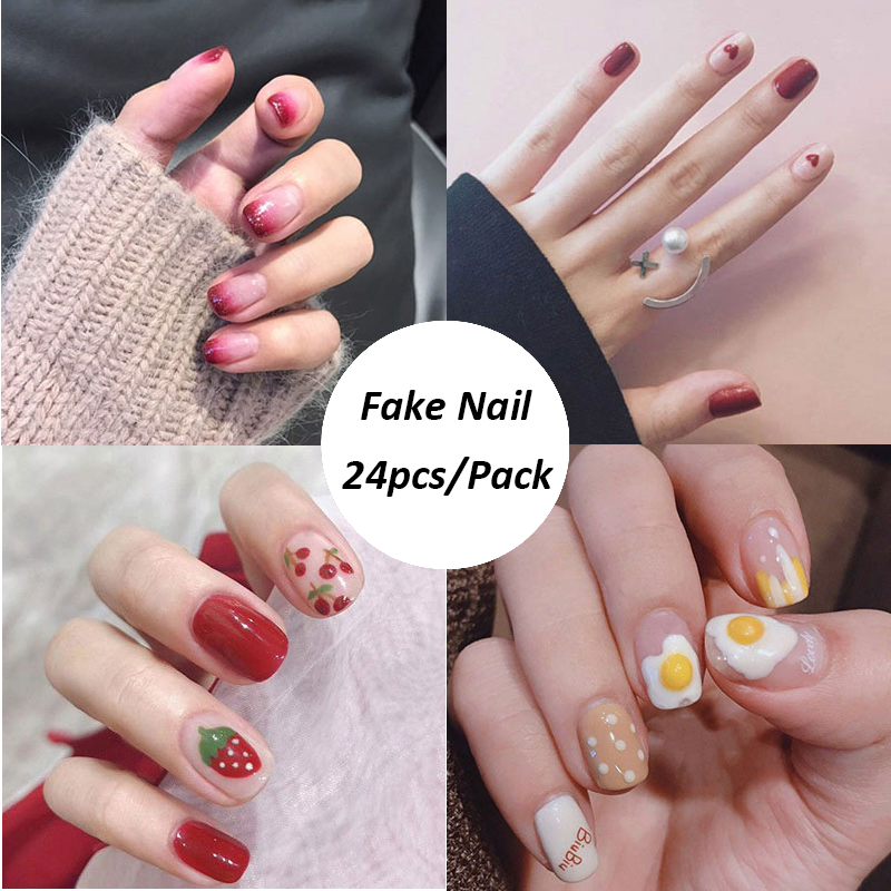 BEAUTY ZONE 24 Pcs Fake Nails Malaysia Beauty Manicure Set Nail Sticker  False Nails With Glue Peel Off French Nail Art 1 | Lazada