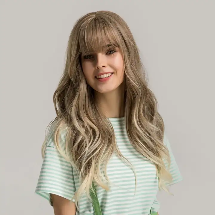 Women Wig Long Big Wave Brown Full Hair With Bangs Long Straight