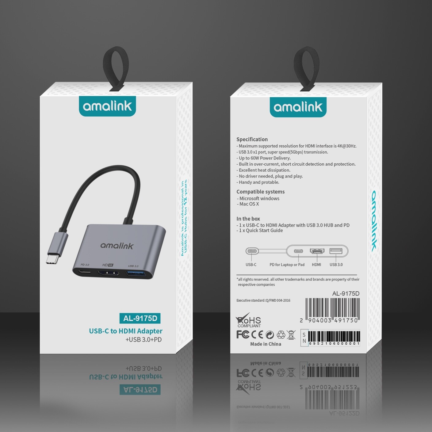 【Quality Assurance】 amalink 9175D Type-C / USB-C to HDMI + USB 3.0 + PD HUB Adapter