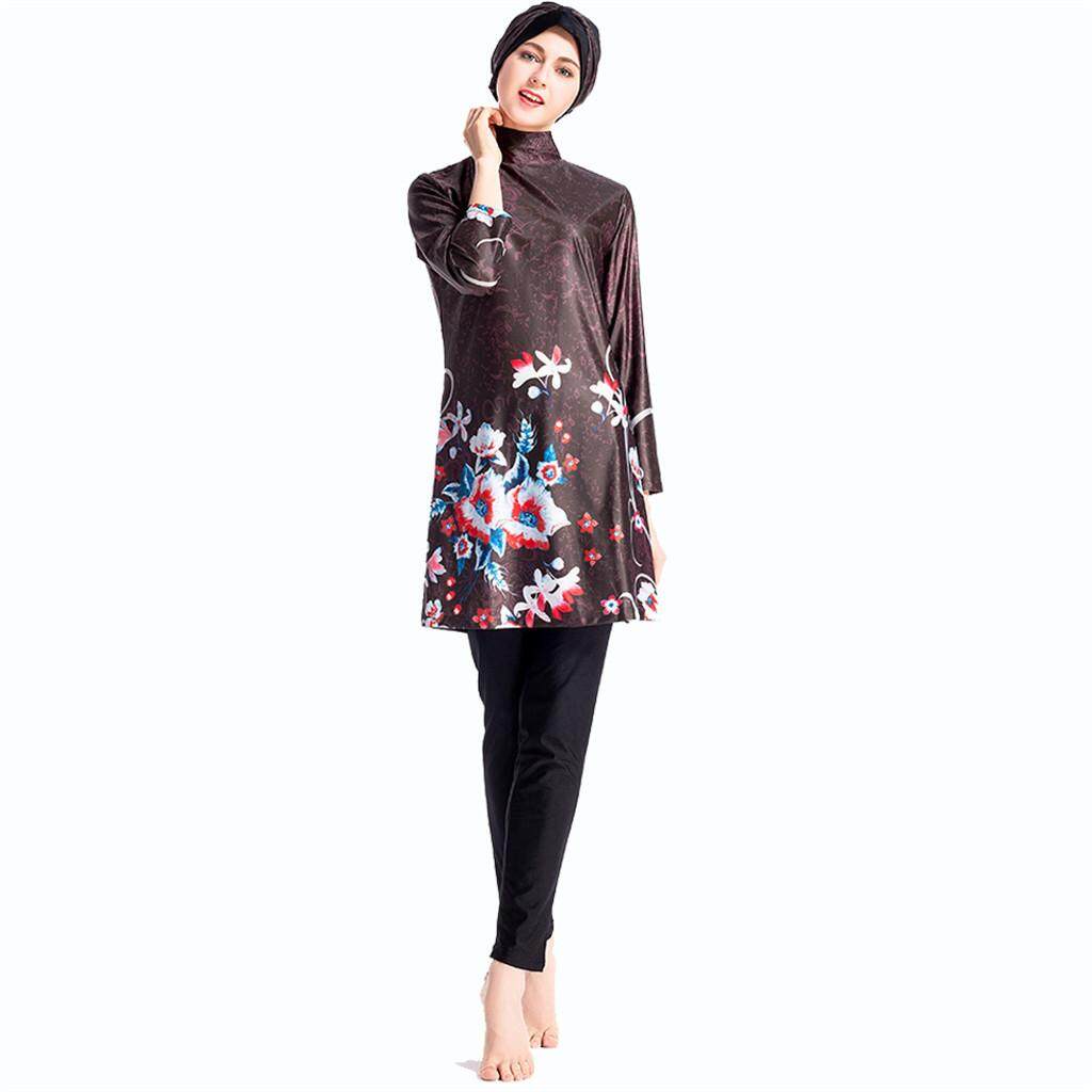 Wanita Muslim Baju Mandi dengan Topi Warna Solid Baju Renang Baju Renang Baju Pantai Wanita