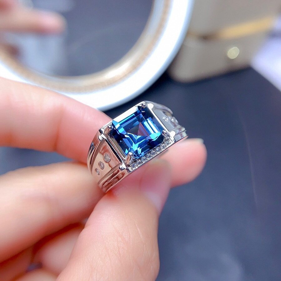 Trang Sức Thời Trang Nam Đính Đá Sapphire Ngày Sinh Tháng 9 Nhẫn Cưới Bằng Thép Titan Màu Bạc