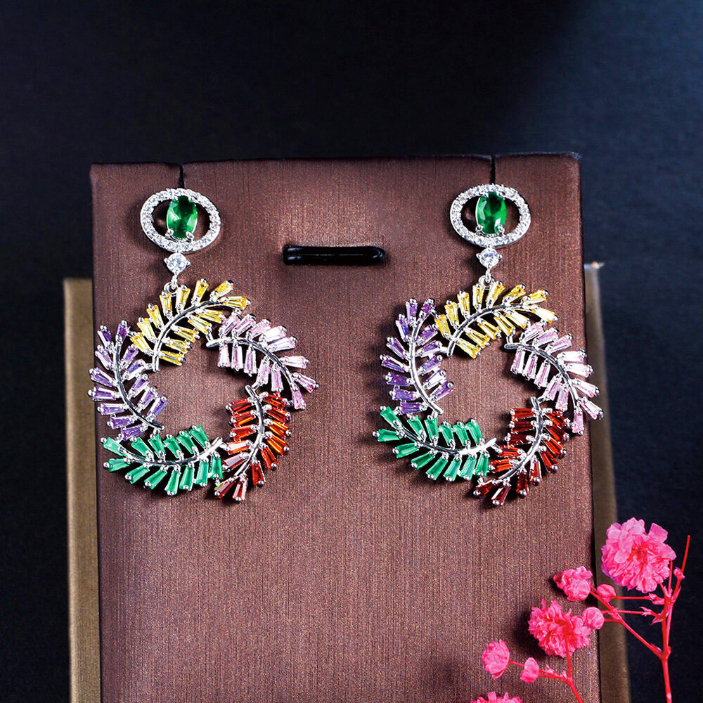 SEQUITO French Fashion Design Pave Purple Green Red AAA CZ Crystal Stone Sliver Plated Cluster Leaves Dangle Round Drop Earring for Lady Clothing Accessories SE639