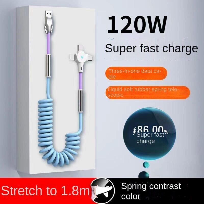 120W sạc siêu nhanh 3-in-1 mùa xuân Cáp dữ liệu tùy chỉnh cho Apple Huawei Xiaomi cáp sạc xe hơi