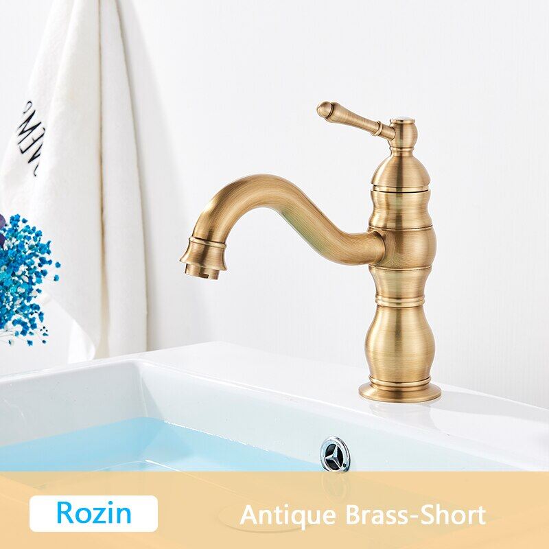 Rozin Antique Brass Basin Faucet 4 Colors Deck Mounted Single Handle Bathroom Crane Long Spout Lavatory Sink Hot Cold Mixer Tap