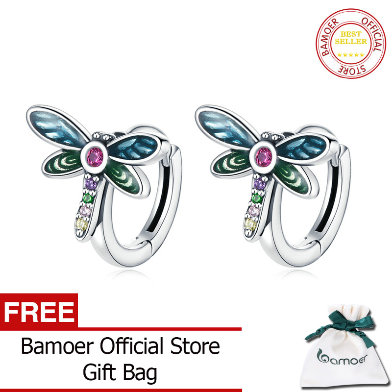 BAMOER 925 Sterling Silver Authentic Retro Dragonfly Earrings Buckle Earrings Round for Women Wedding Fashion Jewelry SCE1172