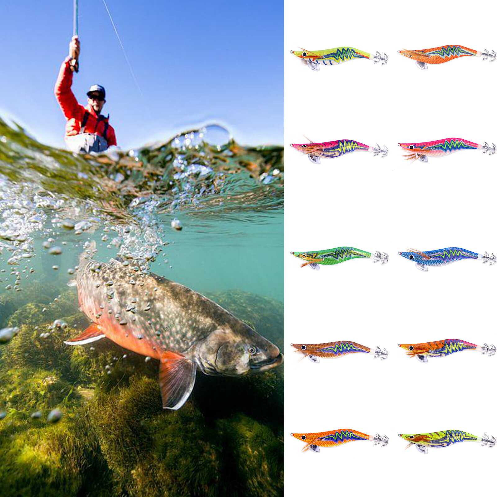 Ghxdryuru Squid Hook Bait Sharp Hook Simulation Design Luminous Angling Wooden Shrimp Luminated Squid Bait Outdoor Fishing