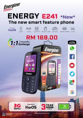 Energizer Energy E241 (3G) / E241S (4G) l Wi-Fi l Keypad Smart Feature Phone l Dual Sim l 3 Years Warranty By Energizer Malaysia