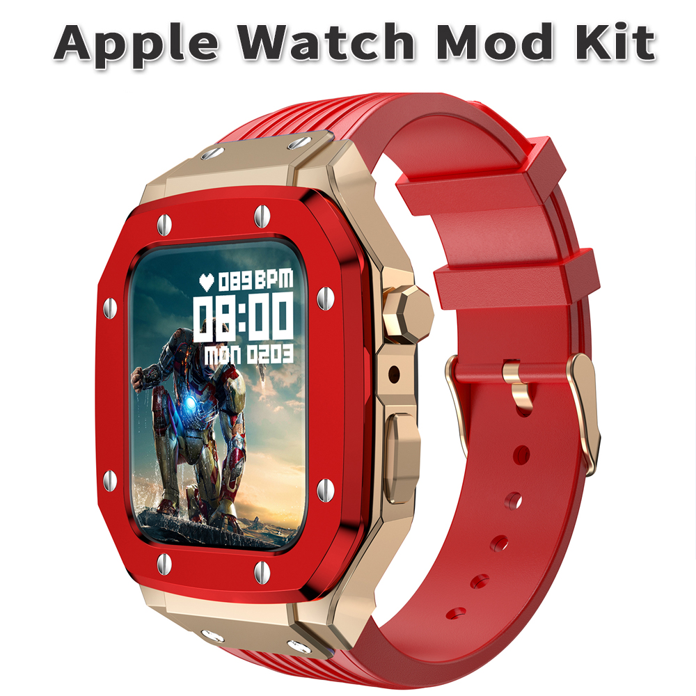 Modification Kit for Apple Watch Case Band 45mm 44mm Metal Frame Bezel Rubber Strap Accessories for I Watch Series 8 7 6 SE 5 4(not including watch)