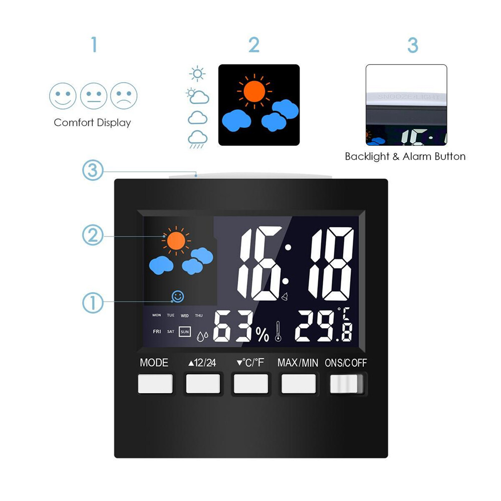 Original Diymore  Multifunctional thermometer, hygrometer clock and alarm clock LED backlight color screen display snooze alarm clock