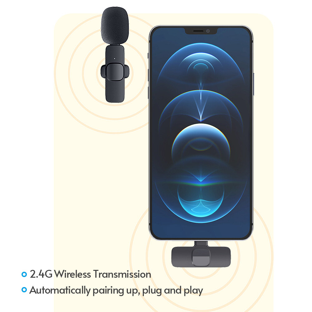 Andoer Mini Wireless Lavalier Microphone Clip-on Omnidirectional Mic Transmitter Receiver Microphone System with Wind Muff Type-C Port Replacement for Android Smartphone Live Stream Interview Recording Video Conference Online Teaching