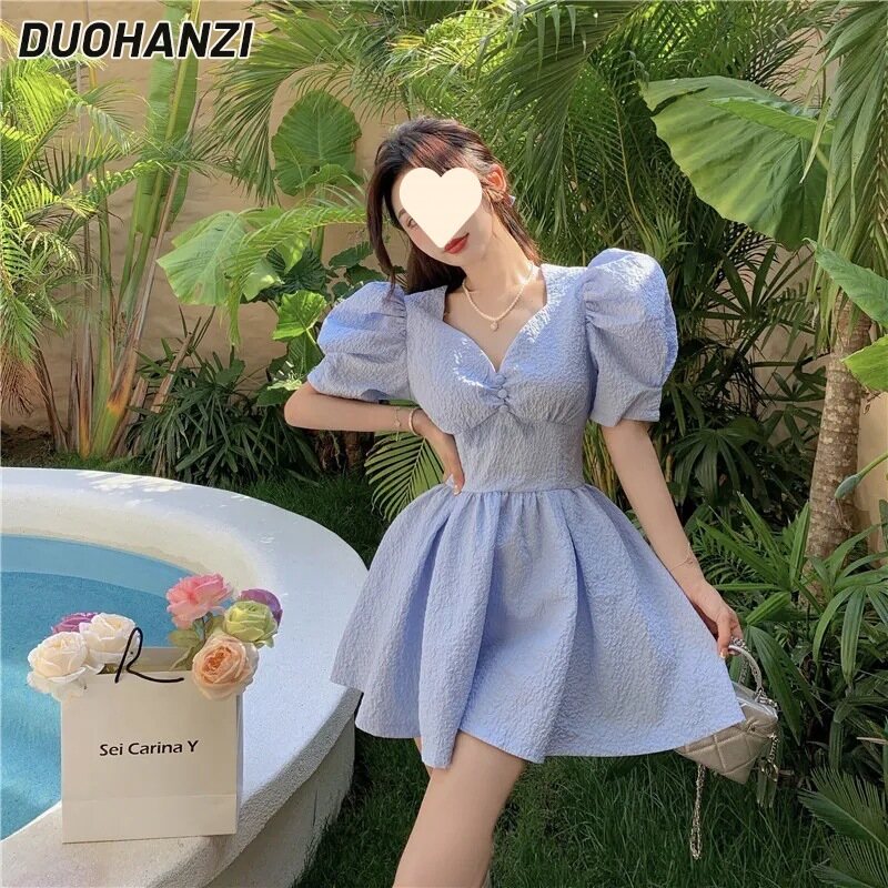 DUOHANZI Đầm Nữ Kiểu Pháp mới Đầm Cổ Thắt Eo Cổ Chữ V
