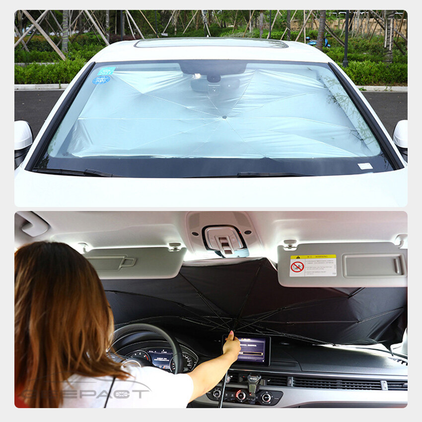 Geepact Foldable Car Sunshade Car Parasol Umbrella Type Front Windshield Visor Sunscreen Retractable Anti-UV Portable Front and Back Reflective Car Sun Protection Universal Multipurpose
