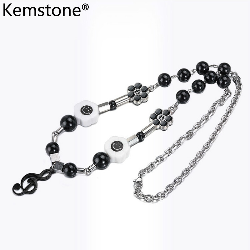 Kemstone Hip Hop Stainless Steel Note Sunflower Smile Black Pearl Splicing Necklace for Men Women