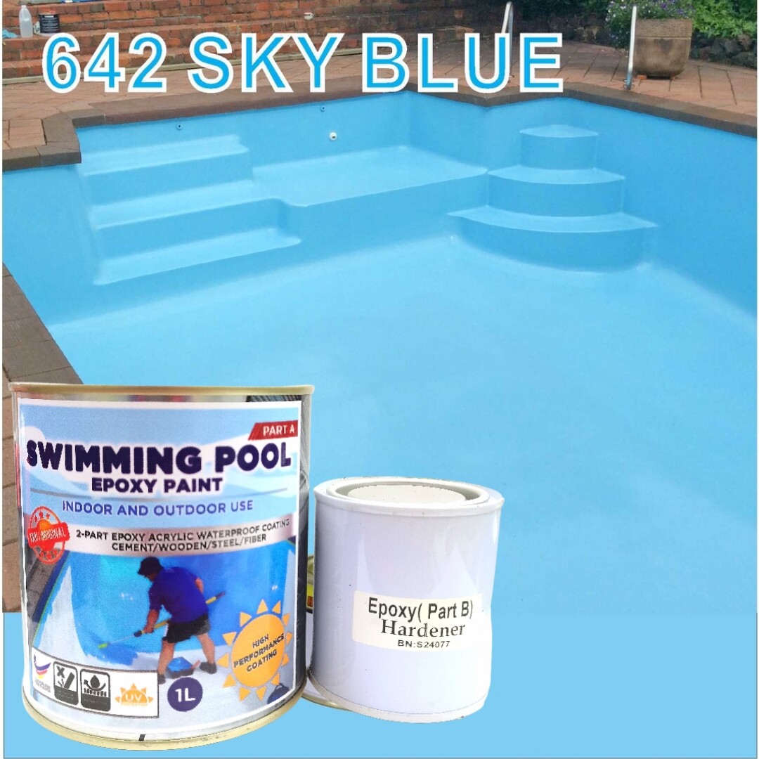 SWIMMING POOL EPOXY PAINT • 1L • Heavy Duty • 2Part Epoxy Acrylic Waterproof Coating • Kolam