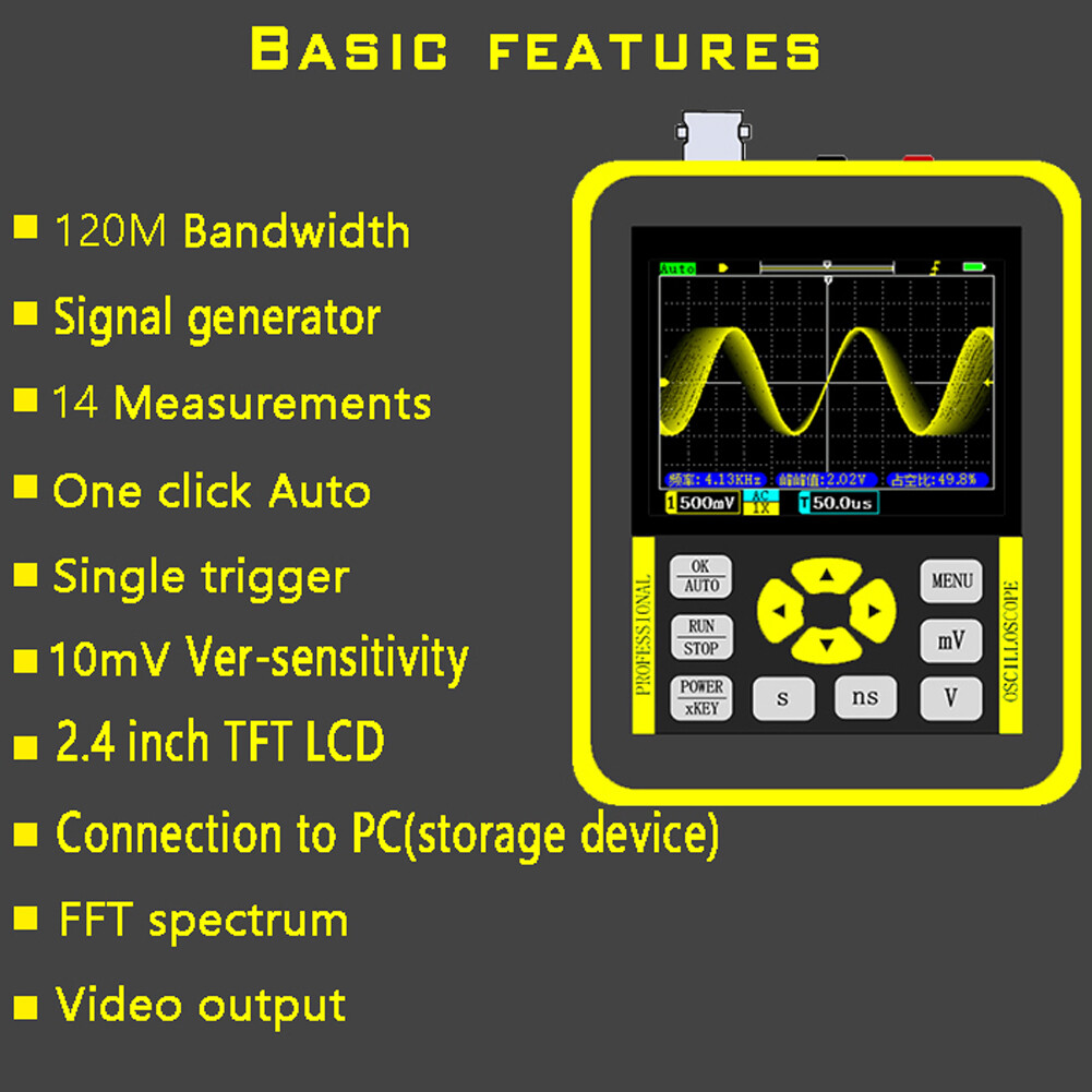 Smart Sensor Handheld Mini Digital Oscilloscope with 2.4 Inches Color Screen 120M Bandwidth 500M Sampling Rate for Maintenance and DIY Electronic Test