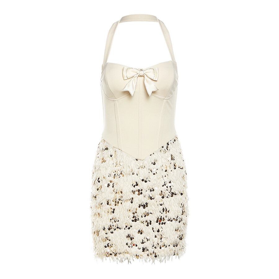 Cutenew Korean Style Sweet Women Plush Design Sleeveless Halter Neck Slim Bodycon Short Dresss Winter Fashion