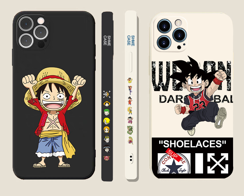 QuXis Luxury Square Liquid Silicone Case for iPhone 14 13 12 11 Pro Max Mini SE 2020 7 8 Plus Fashion Cartoon anime luffy goku Soft Phone Full Cover Cases for iPhone X Xs Xr 7P 8P Cartoon Casing