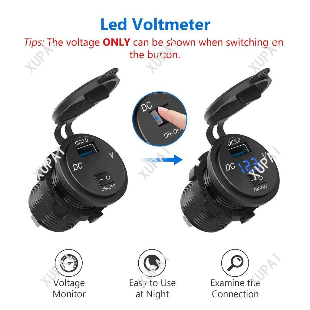RTO QC 3.0 Motorcycle Boat Car USB Charger Socket LED Voltmeter With ON/OFF Switch Power Socket Adapter/ LED Display Waterproof Output for Car Marine Motorcycle Boat ATV RV Camper