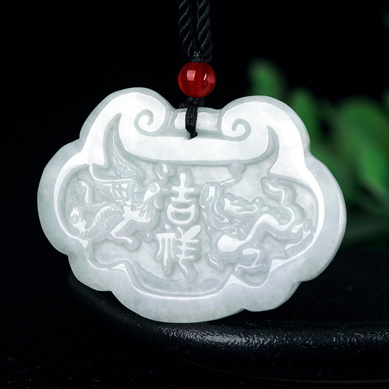Cadia Vintage Natural Burmese Jade Dragon and Phoenix Ruyi Auspicious Ice Pendant White Men Necklace with Certificate Y1N