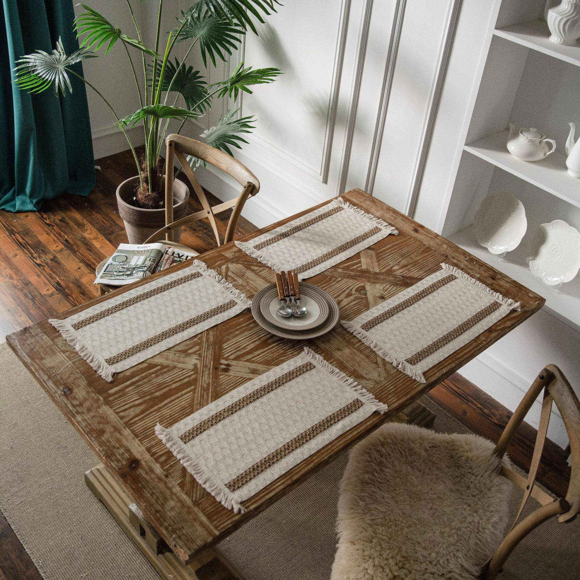 Burlap Table Runner/Placemat Natural Cotton Burlap Splicing Bohemian Style Tables Runner With Tassels Dining Wedding Home Decor