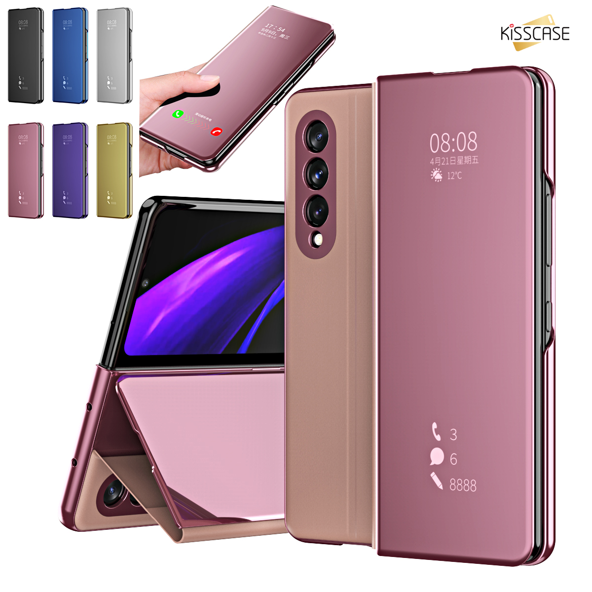KISSCASE Suitable for Samsung Galaxy Z Fold 6 Z Fold 5 Fold 4 3 5G Z Fold 2 Leather Case with Mirror Surface Foldable To Answer Calls, Drop-proof and Shock-proof Mobile Phone Case For Samsung Z Fold 6