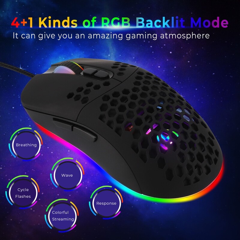 USB Wired Lightweight Gaming Mouse 5 RGB Backlit Mouse with 7 Buttons 7200DPI Honeycomb Shell Mouse for PC Laptop