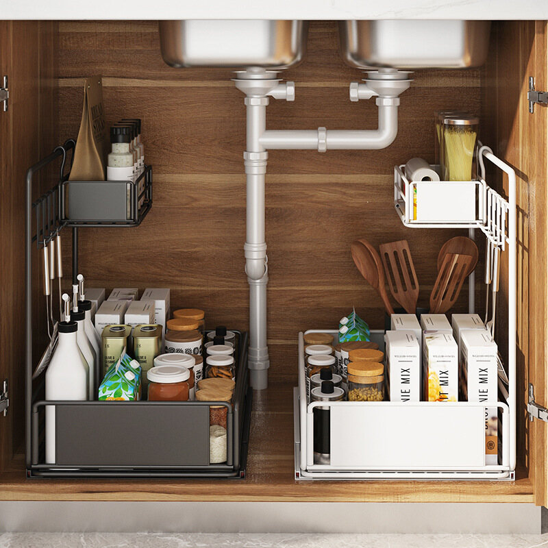 Gambar Under Sink Double layer Big space storage Sliding Cabinet Basket Rak Dapur Pull Out Kitchen Organizer Kitchen Storage Rack Drawer Ideal Countertop Pantry Desktop Storage Shelf,Sliding Cabinet Basket Rack Pull Out Kitchen Organizer Drawer Ideal Countertop