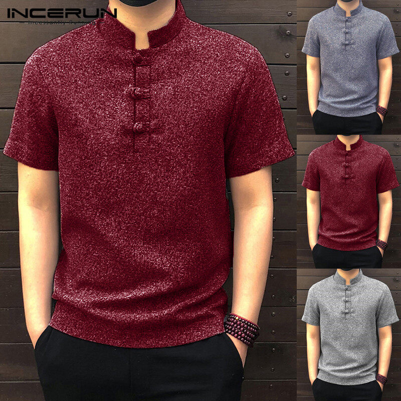 (Cotton Liean) Beehoo INCERUN Beach Mens Vintage Short Sleeve Shirt Button Top Casual Baggy T-shirt Tees