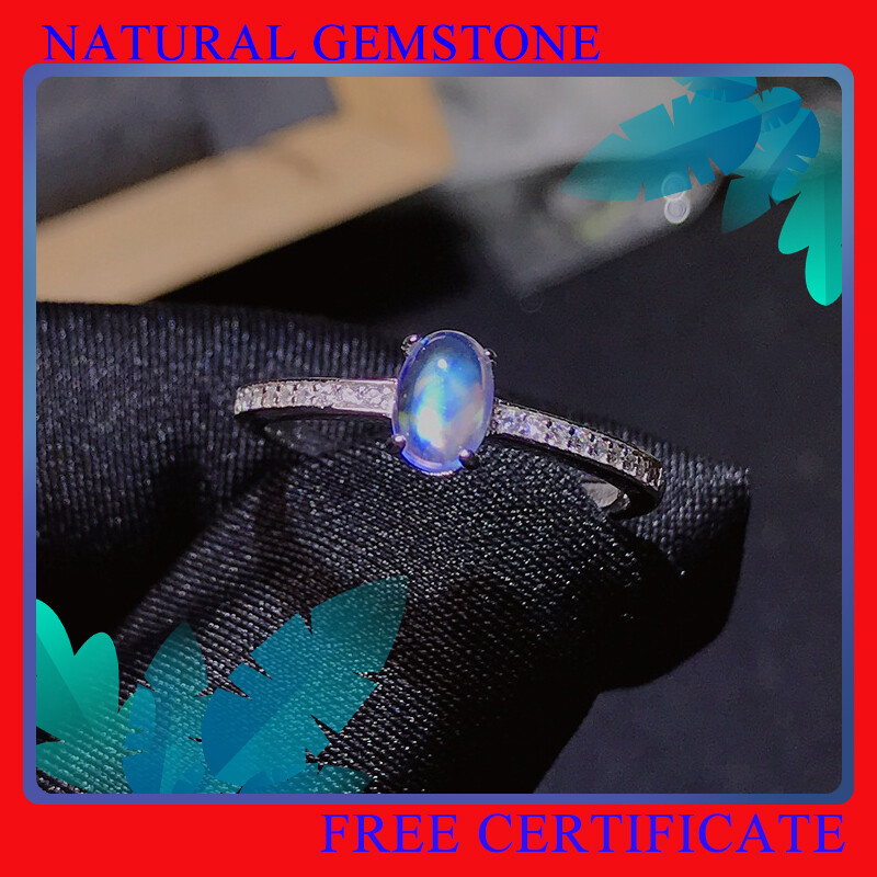 Real Natural Moonstone Wedding Ring for Women S925 Sterling Silver Adjustable Size Simple Design Ring With Certificate