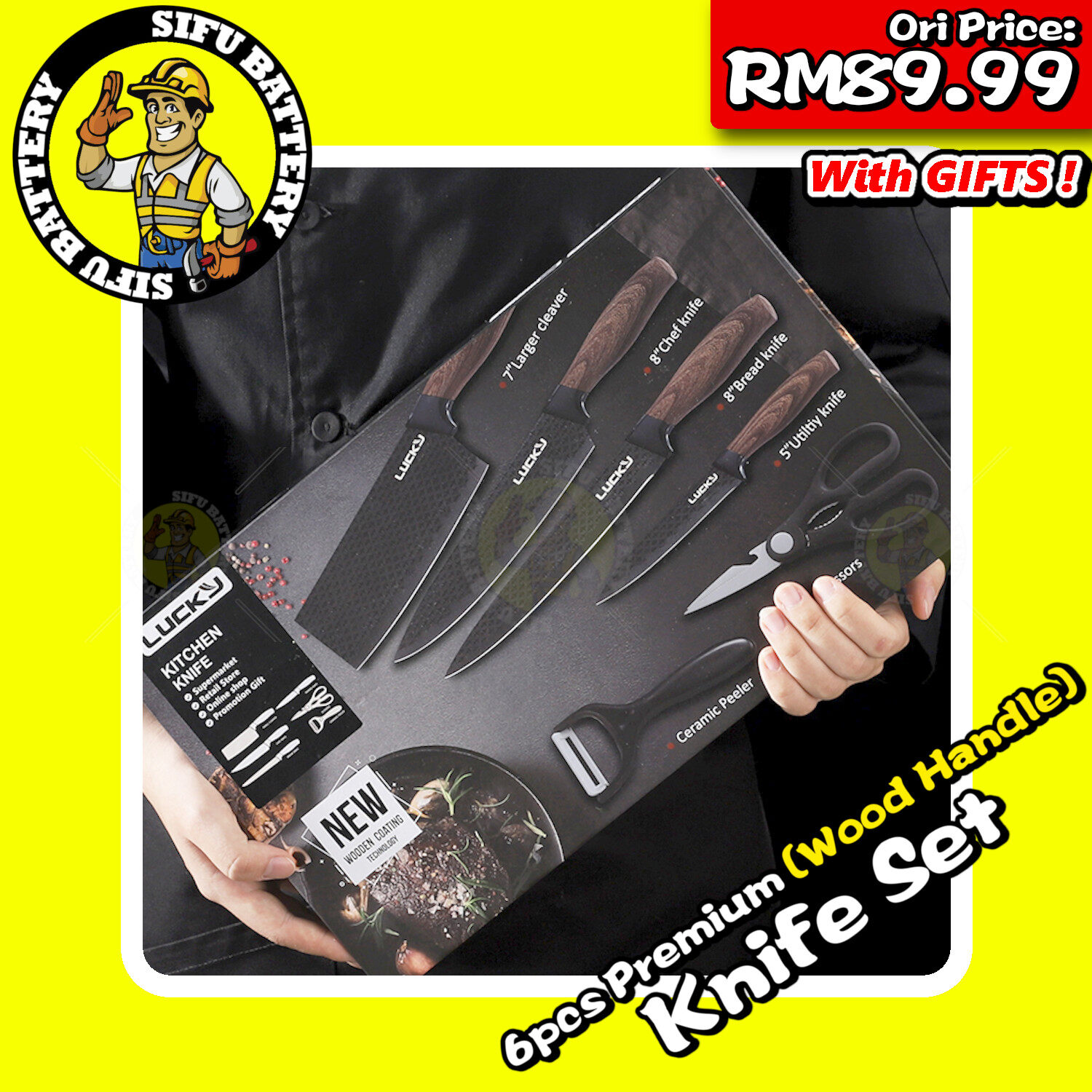 Premium Kitchen Knife Set Gift Box (NON Stick Surface) Pisau Memasak