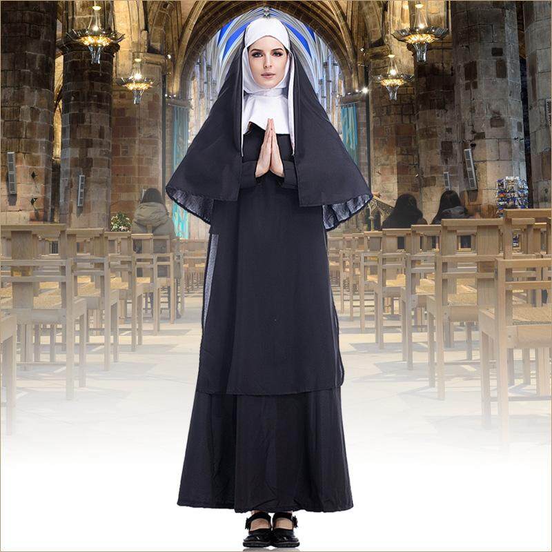 Nun roleplaying Warak costume Virgin Mary long black dress nun costume Arab religious monk ghost uniform Halloween